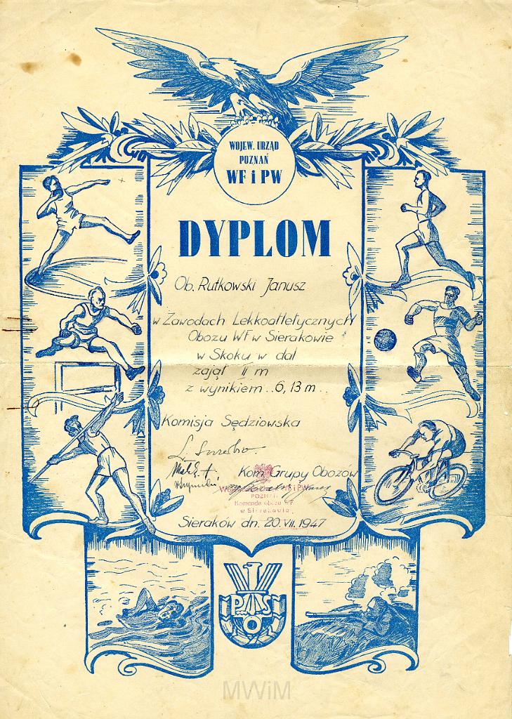 KKE 3235.jpg - Dyplom, Jana Rutkowskiego za II m. skok w dal, Sieraków, 1947 r.